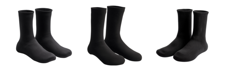 Set of black socks, high-tops, ultra-detailed, with no laces or toes showing on the front side of each sock, set against an isolated on transparent background