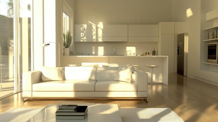 A minimalist living room with a modular sofa, clean lines, and a neutral palette connected to a modern kitchen. Sunlight enhances the open, fresh design