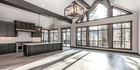 Fototapeta premium Modern Kitchen Interior Design Showcases Sleek Gray Cabinetry, Large Windows, and Vaulted Ceilings.