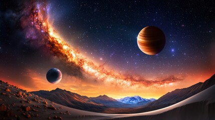 Obraz premium A breathtaking image of the Milky Way galaxy, with swirling stars, nebulae, and distant planets, evoking a sense of wonder and mystery in the vastness of space