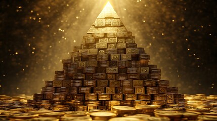 A pyramid of gold coins and currency, standing proudly in a setting designed to showcase its magnificence