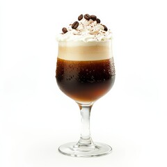 A decadent and creamy Irish Coffee cocktail with whipped cream topping, garnished with coffee beans, against an isolated white background