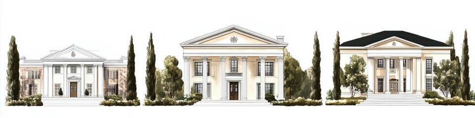 A series of three architectural designs showcasing classical Greek Revival house style mansion styles. The first is a white mansion with columns, the second features a grand entrance.