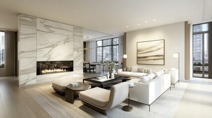 A modern living room with a marble-framed fireplace, comfortable seating, and clean lines. Subtle decor creates an inviting yet stylish atmosphere