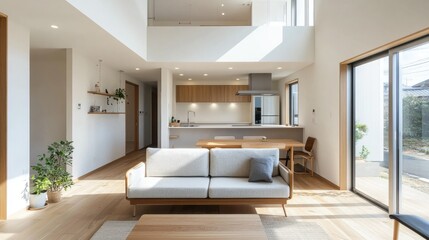 Fototapeta premium A modern, minimalist home with a clean-lined sofa, neutral decor, and an open-plan kitchen. Natural light pours into the space, highlighting its simplicity