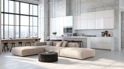 Fototapeta premium A modern minimalist interior with a neutral sofa, a sleek coffee table, and an open-plan kitchen featuring white cabinetry and ample natural light