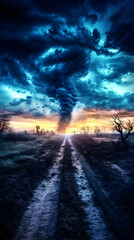 Tornado Forms Above Muddy Road Through Desolate Landscape During Dramatic Sunset