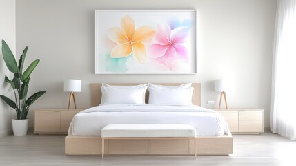 A collection of pastel watercolor florals on the wall, creating a light and airy ambiance in a fresh, modern bedroom with a relaxed and comforting vibe