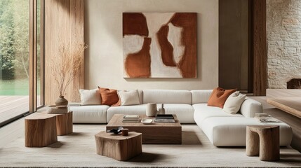 A modern yet inviting living room with a sleek sectional, layered textiles, and warm wood accents. Abstract art on the walls adds a creative touch