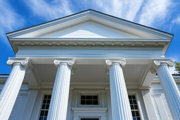 Greek Revival house style classical building facade featuring tall white columns and a triangular pediment against a blue sky with clouds.