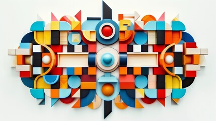 A modern building block set with various shapes and vibrant colors, arranged symmetrically on a white backdrop.