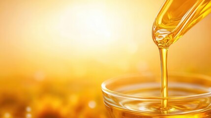 Golden Sunflower Oil Being Poured Into a Clear Glass Container