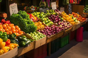 Obraz premium Fresh Produce Displayed at a Vibrant Market Stall with Colorful Fruits and Vegetables.