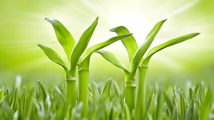 Fototapeta premium Two Vibrant Bamboo Shoots Sprout Gracefully in Lush Green Grass with Sunlight Gently Illuminating the Scene.