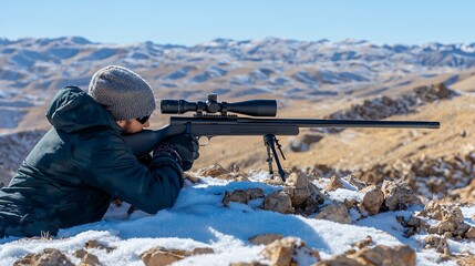 Hunter aiming rifle in snowy mountains, winter landscape