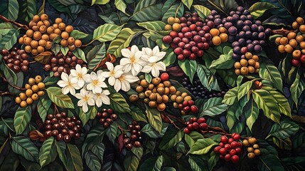 A vibrant painting of coffee plant blossoms and berries