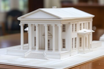 Fototapeta premium A Greek Revival house style detailed architectural model of a classic building featuring columns, a pediment, and stairs. The model is made of white material, showcasing intricate design elements.