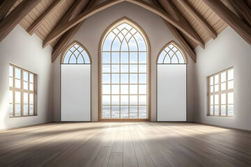 Spacious Room with Wooden Beams, Arched Windows, and Two Vertical Mockup Posters