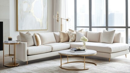 A stylish living room featuring a cream-colored sectional, a marble coffee table, and gold accents. Large windows fill the space with natural light