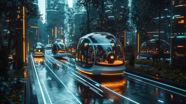 A futuristic city with electric autonomous vehicles moving smoothly on smart roads, highlighting smart transportation solutions for the future.