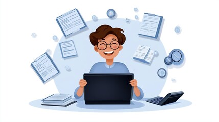A cheerful cartoon-style illustration of a happy person holding a laptop, surrounded by floating documents, icons, and a clean workspace, symbolizing productivity and digital efficiency