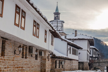 Tryavna old brick tower with a clock on it