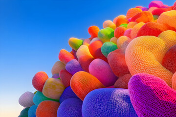 Colorful textured pebbles form a vibrant mound against a clear blue sky background.