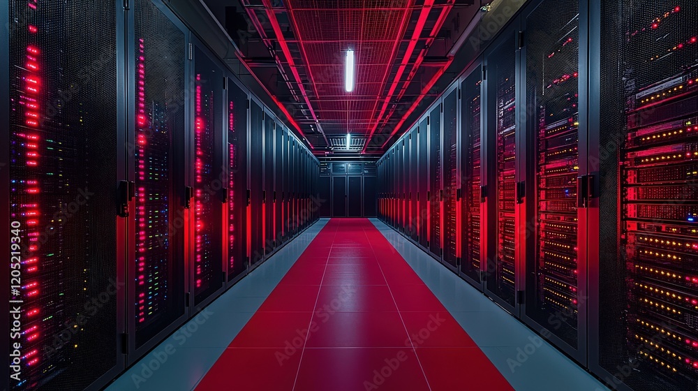 Poster a high-tech data center filled with rows of servers, illustrating the backbone of digital infrastruc
