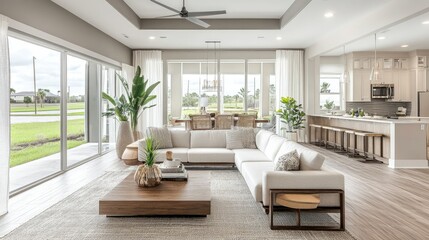 Fototapeta premium An elegant, minimalist living area with clean lines and neutral tones connecting to a modern, spacious kitchen. Oversized windows enhance the open, airy feel