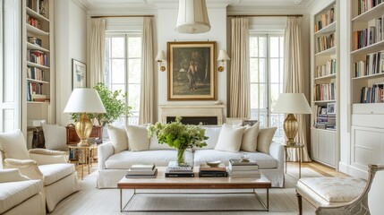 Fototapeta premium An elegant space featuring a high-end sofa, brass lighting fixtures, and a coffee table styled with books and decor. A perfect mix of comfort and style