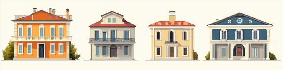 Obraz premium A collection of four distinct Italianate house style, each showcasing unique architectural styles and colors. The first house is orange with a balcony, the second is white with a sloped roof.