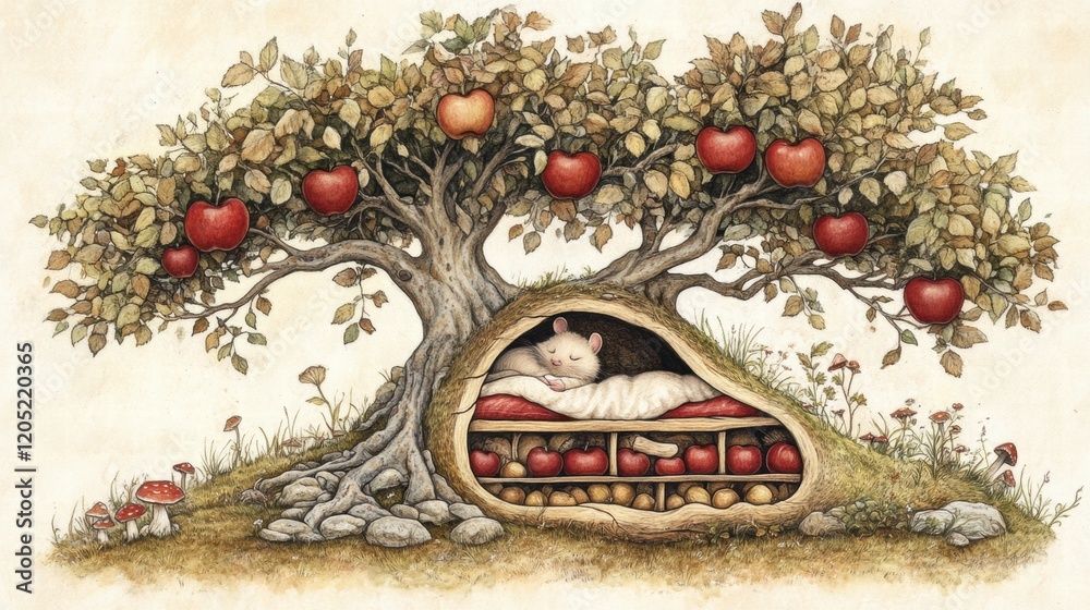Poster cozy scene under an apple tree with a sleeping figure nestled in a delightful wooden alcove. generat