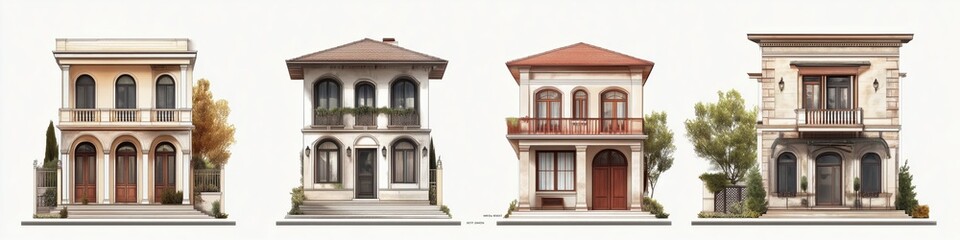 Fototapeta premium A collection of four distinct architectural Italianate houses style, showcasing various styles and colors. Each house features unique elements like balconies, arches, and decorative details.