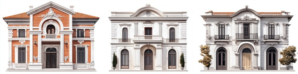 A collection of three distinct architectural Italianate house style facades showcasing classical design elements. The first facade features orange brick with ornate detailing.