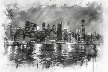 A stunning monochrome skyline view showcasing urban architecture and reflection.