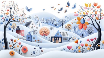 A naive art masterpiece featuring a quirky village scene with bold, expressive brushstrokes, radiant colors, and imaginative patterns that bring the landscape to life.