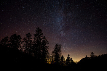 Dark sky full of stars over the forest. Bieszczady Mountains, Carpathians, Poland.