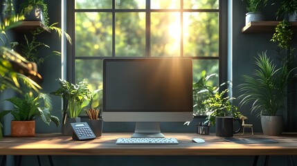 Fototapeta premium Realistic office space with computer no screen content clipboard calculator clock coffee mug chart 8K realistic