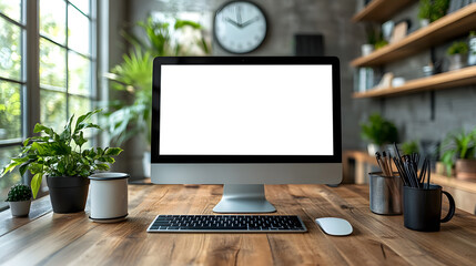 Elegant and modern workspace desk with computer clipboard coffee mug wall data chart clock 8K realistic
