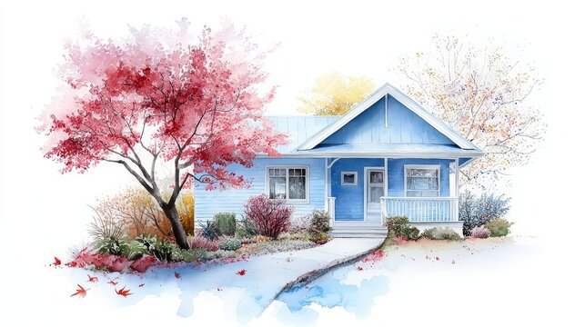 A personalized high-resolution watercolor art of a charming, vibrant cottage holiday home with a natural view, ideal as a thoughtful gift for housewarming.