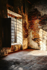 Timeless Rustic Charm: Exposed Brick Wall with Striking White Mortar Patterns
