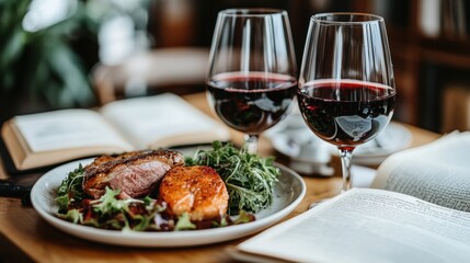 Elegant Dining Experience with Red Wine and Gourmet Meat Dish