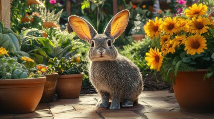 Playful Rabbit in a Colorful Garden Surrounded by Bright Flowers
