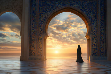 Fototapeta premium Sunset Silhouette: A Woman in Traditional Attire Contemplates the Ocean from an Ornate Archway