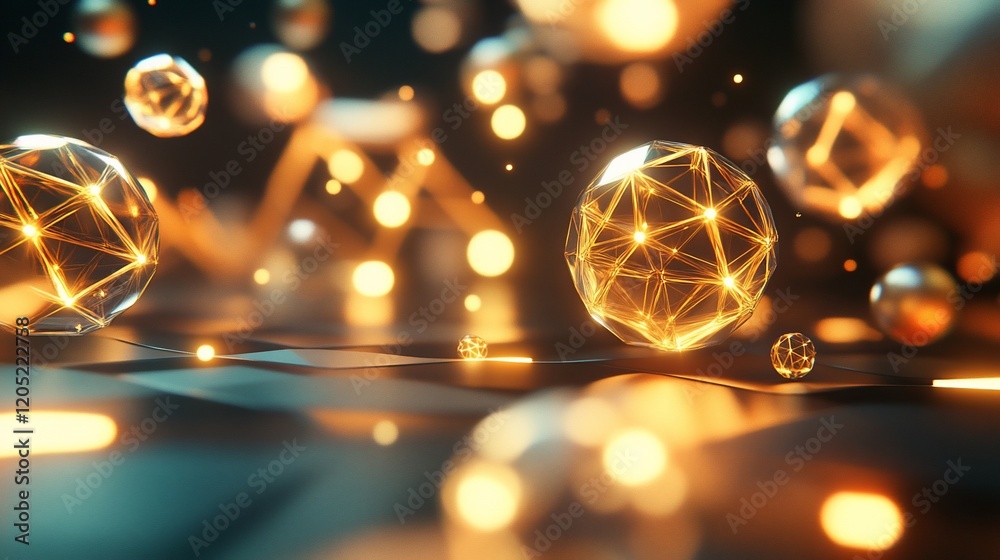 Poster abstract glowing spheres with geometric patterns in dark background and bokeh effect