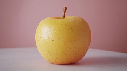 Fresh Yellow Apple on a Light Pink Background with Simple Setup