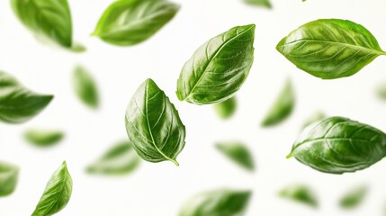 Fototapeta premium Fresh Green Basil Leaves Floating on a Light Background
