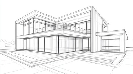 A detailed architectural sketch of a modern building with large glass windows.