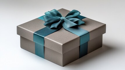 Obraz premium Elegant Gray Gift Box with Teal Ribbon and Bow on White Background