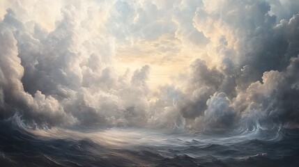 A stormy seascape with a dramatic sky filled with thick clouds and the sea raging below